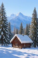 Snowy Mountain Cabin Surrounded by Pines in Alpine Winter Landscape With Snowy Peaks
