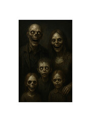 Undead Family Portrait: A chilling portrait of an undead family, their decaying features and hollow eyes peering out from the shadows. The eerie scene evokes a sense of horror and dread.