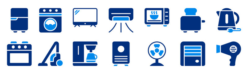 Fototapeta premium A clean and modern household appliances icon set featuring essential household items in simple flat style. Perfect for apps, websites, and smart-home interfaces with clear and consistent visuals.