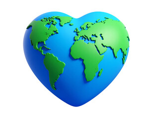 Fototapeta premium Minimalist 3D Heart Earth Icon, Smooth Blue and Green Plastic, Stylized Continents, Isolated