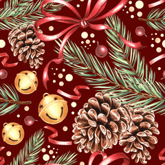 Watercolor pine branches with cones and round bells with bows seamless pattern for Christmas. Hand-drawn illustration spruce twig for winter holiday decor. Conifer plant natural background for textile