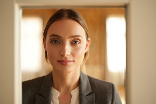 Professional woman in a doorway frame, presenting confident business style. - Powered by Adobe