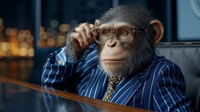 A serious-faced monkey in a business suit sits at a late-night office desk and then raises his hand to adjust his glasses while looking at the camera, against a backdrop of warm bokeh city lights.