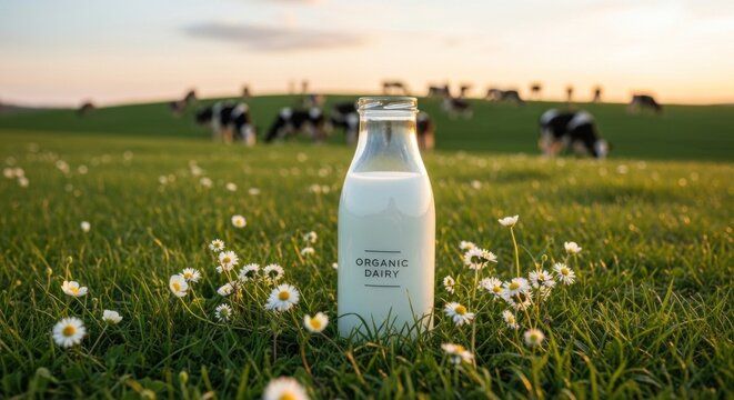 A glass bottle of organic milk on a grassy field with cows in the background.