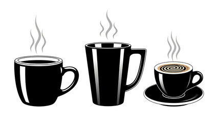 Three black coffee cups with steam isolated on transparent background