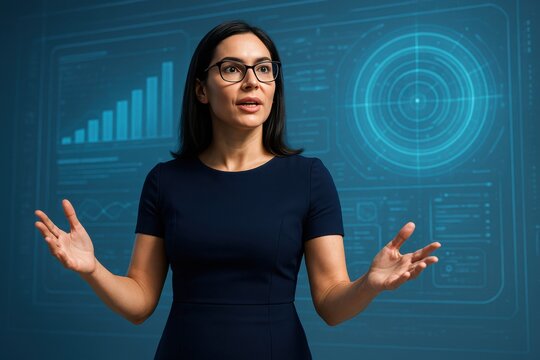 Business Woman Presenting Data: A confident business woman engages in a dynamic presentation, her focus centered on intricate data visualizations displayed on a modern screen.