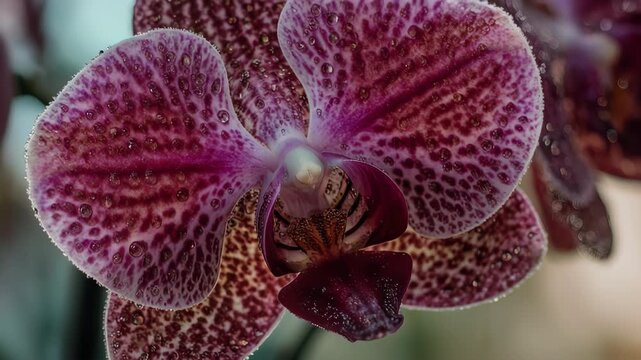 Macro view of a spotted purple orchid with water droplets