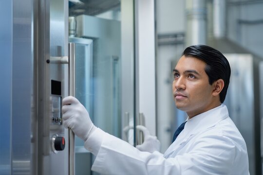 Research scientist operating cryogenic equipment in a pristine modern laboratory