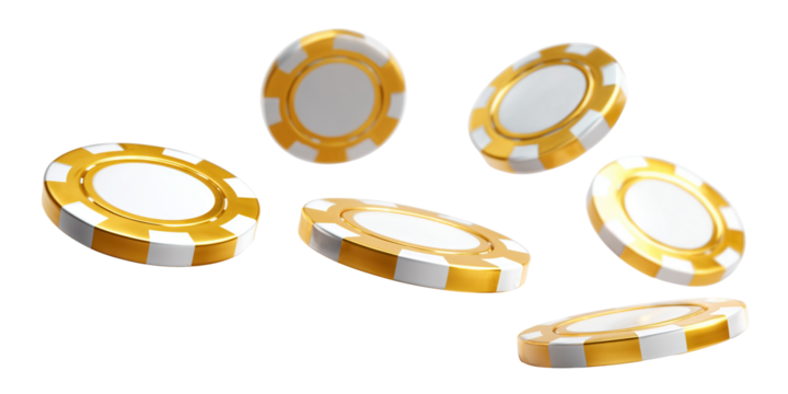 Golden casino chips flying, isolated on transparent cutout background