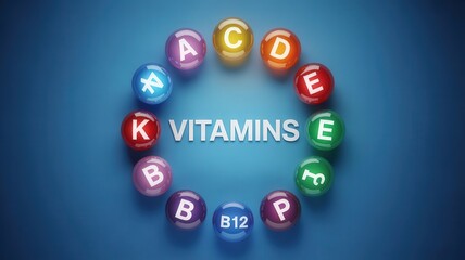 Naklejka premium Colorful spheres labeled with various vitamin designations arranged in a circle around central text on a deep blue background.
