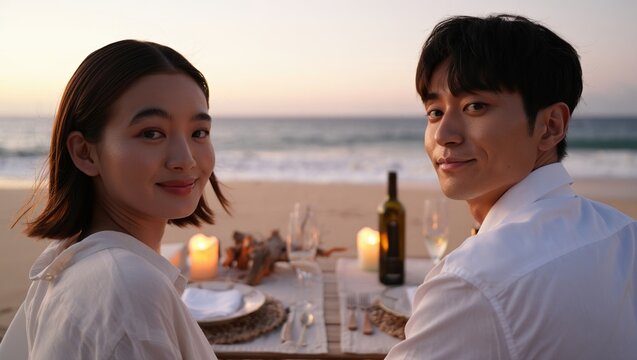 Romantic couple enjoying an intimate candlelit dinner on a quiet beach at sunset - Powered by Adobe