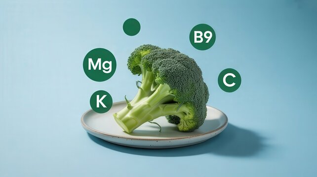 Single head of fresh green vegetable rests upon a small ceramic plate against a pale blue background with surrounding nutrient icons