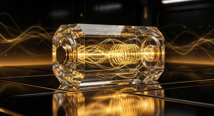 Futuristic Clean Energy Crystal Cell with Golden Energy Flow