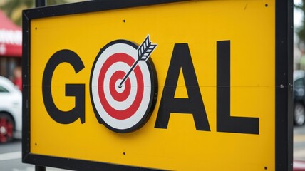 Prominently displayed yellow sign features the word goal with a physical target replacing the letter o and an arrow hitting the bullseye