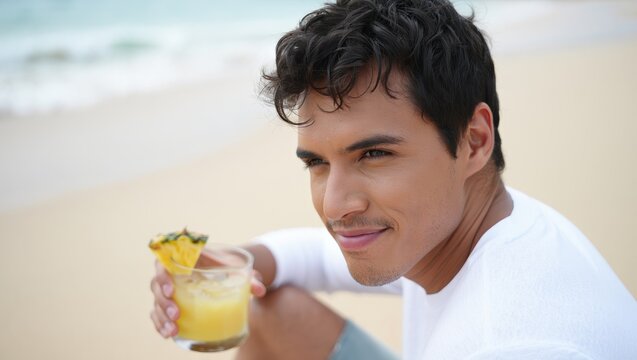 Young man on breezy beach holding a tropical drink and smiling at camera