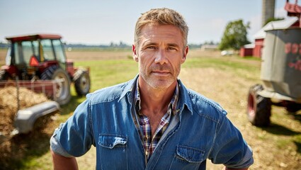 farm manager oversees harvest operations in a sunlit field beside tractors.