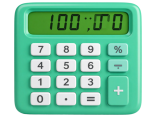 Cartoon 3D Financial Calculator Icon, Large Green Screen and Percentage Keys, Isolated PNG Asset