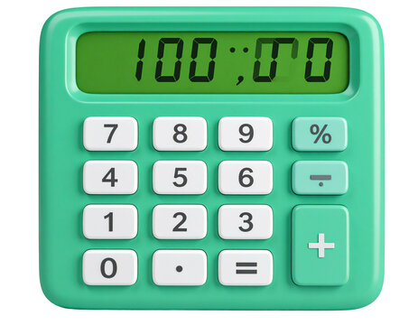 Cartoon 3D Financial Calculator Icon, Large Green Screen and Percentage Keys, Isolated PNG Asset