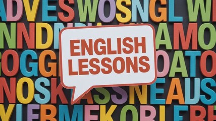 Colorful magnetic alphabet letters form a background for a white speech bubble promoting language instruction