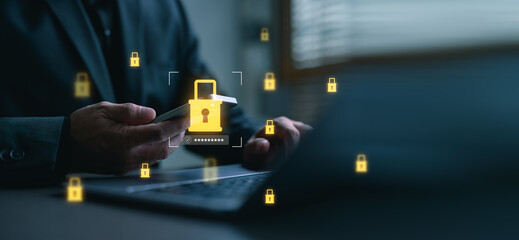 Businessman using mobile phone with virtual padlock icon, representing data protection, password security, and cybersecurity technology for safe digital communication and online privacy.