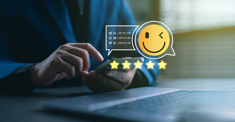 Customer giving five-star rating and positive feedback via smartphone. Concept of satisfaction,...