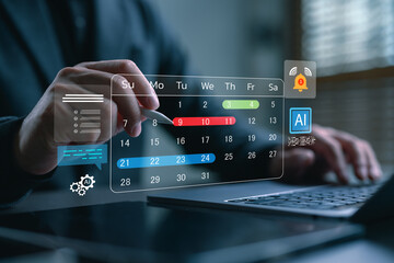 Businessman planning schedule using digital calendar interface with AI technology. Concept of smart...