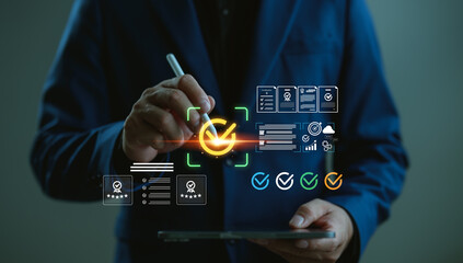 Businessman using digital certification and quality assurance interface. Concept of...