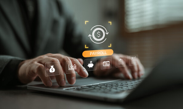 Businessman working on laptop with payroll management system icons. Concept of financial technology, employee salary automation, online payroll software, and digital HR solutions.