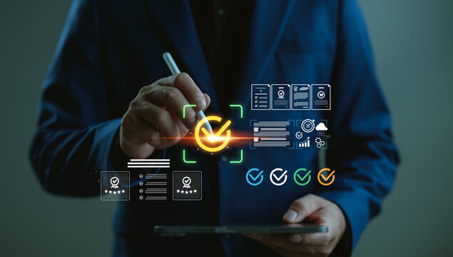 Businessman using digital certification and quality assurance interface. Concept of standardization, compliance, document approval, verified checkmark, audit process, and digital validation system.