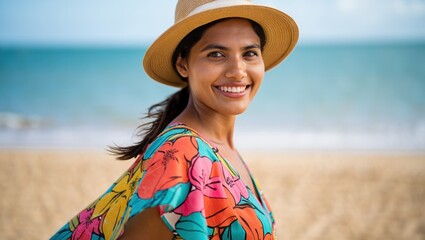 Smiling woman in a colorful floral beach dress wearing a wide-brim straw hat