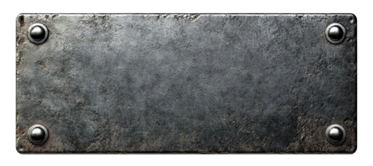 Rough textured metal nameplate with bolts on corners, isolated on transparent cutout background