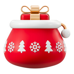 Red 3D Santa gift sack stuffed with presents. Minimal full bag icon for holiday delivery, christmas reward promotion and special offer bonus, prize, surprise, express shipping.
