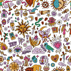 Fototapeta premium Tarot card seamless pattern. Bright background with tarot symbols. Fortune telling, magic. For Saints Day and Halloween. Sun, Moon. Sword, Heart, and Arrows. Magician