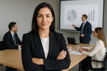 Fototapeta premium Businesswoman's Confidence in Meeting: A poised businesswoman exudes confidence and professionalism during a business meeting.