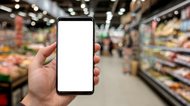 Smart Shopping Experience: Hand holds a smartphone with a blank screen against the blurred backdrop of a supermarket aisle, ready for showcasing shopping app interface or advertisement. - Powered by Adobe