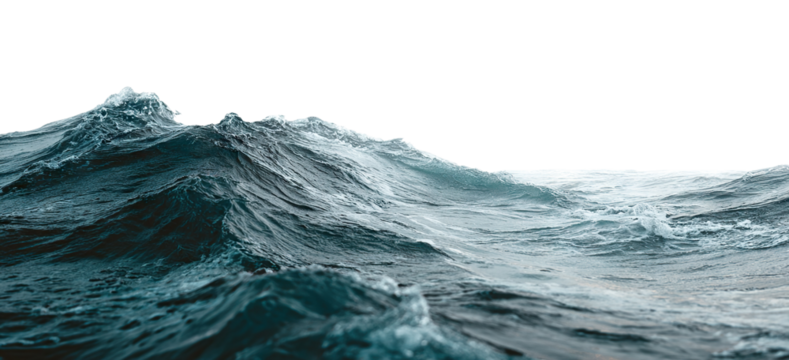 Large dark blue ocean waves in motion, isolated on transparent cutout background