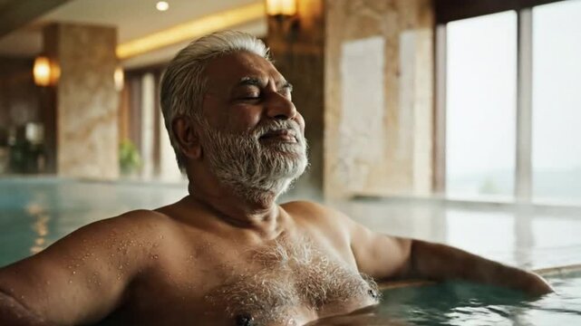 A tranquil, mature man with a distinguished gray beard finds deep relaxation in an upscale indoor spa pool. With eyes closed and a serene expression, he enjoys a moment of pure bliss amidst the warm, 