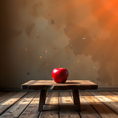A lone apple, polished crimson sphere, sits atop a weathered, dark wood table within an otherwise desolate room, dust motes dance in the air