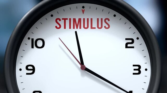 Stimulus that is going to happen soon. Upcoming stimulus, approaching in the near future. Stimulus almost here, in a short time - a clock symbolizes a reminder that stimulus is near.