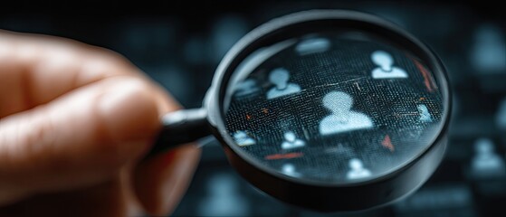 Hand holds magnifying glass over network of human icons