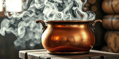 Antique copper pot, bubbling with mystical steam,   occult,   lore