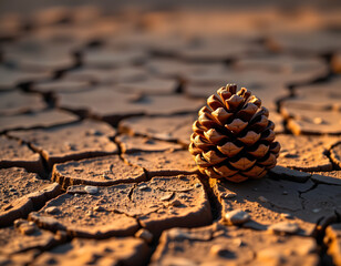 A single, unique pine cone, textured with intricate fractal patterns, stands defiant in the ochre heart of a desolate, cracked earth, Captured from an elevated, almost birds eye view