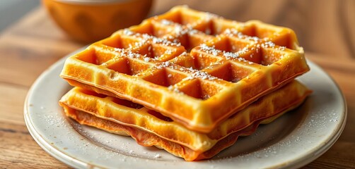 Golden-brown, crisp Belgian waffle squares, deep pockets,   carbs,  golden