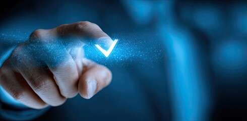 Finger taps a glowing checkmark in blue, tech feel