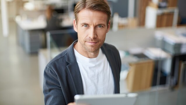 Analytical data analyst reviews dashboards on a tablet in a bright modern office.