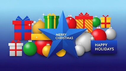 Colorful assortment of Christmas presents and decorations with a large star creating a cheerful and celebratory winter holiday scene