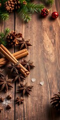 Rustic wooden table with cinnamon sticks, star anise, and pinecones, suggesting warm spiced drinks and holiday baking,  baking,  pinecone