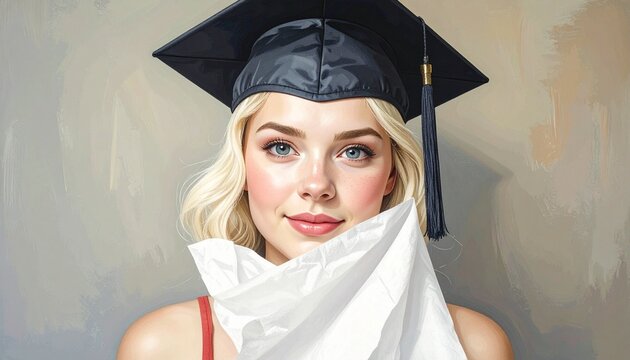 Person in graduation cap and gown holding toilet paper rolls, standing in sunlit room with shelf and flowers, blending academic achievement with humorous commentary on unexpected cultural moments.
