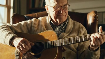 An elderly man with a warm, contented smile plays an acoustic guitar, his fingers expertly plucking the strings. Dressed in a cozy cardigan and glasses, he sits comfortably in a sunlit armchair, enjoy