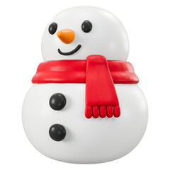 Red 3D snowman character with scarf. Cute winter mascot for christmas holiday decoration, new year greeting card symbol, avatar emoticon and festive design asset.